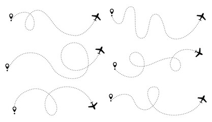 Airplane dotted route line set. Path travel line shapes. Flight route with start point and dash line trace for plane isolated vector illustration - obrazy, fototapety, plakaty