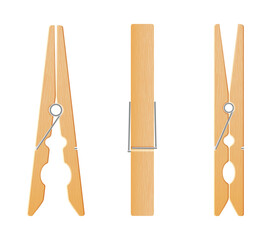 Clothes pin set. Realistic wooden peg for housework and laundry. Wooden clips for clothes to line. Vector illustration of clothespin