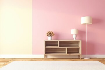 Interior of modern living room with pink wall and wooden cabinet, 3d render, generative Ai