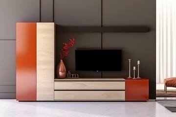 TV cabinet in modern living room with black and orange wall. 3d rendering, generative Ai