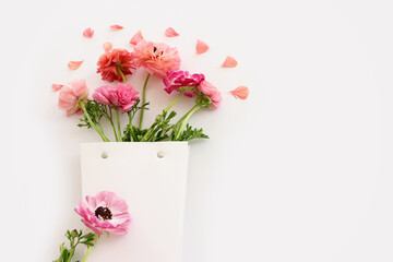 Top view image of pink flowers composition over white isolated background