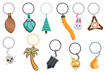 Keychain keyholder, icon set. Cartoon color different types of key ring, chain round holders or metal trinket. Modern keys pendants. Home rental or real estate concept. Vector illustration