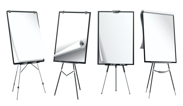 Flipchart mockup set at different angles. Presentation and seminar whiteboard with blank paper sheets. Flip chart on tripod with space for text, vector illustration isolated on white background