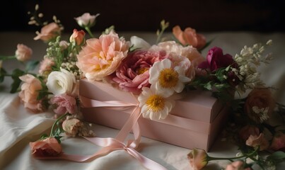 A photo of a beautifully wrapped gift box, adorned with a satin ribbon and surrounded by fresh spring flowers, inspired by elegant and romantic style. Ai generative