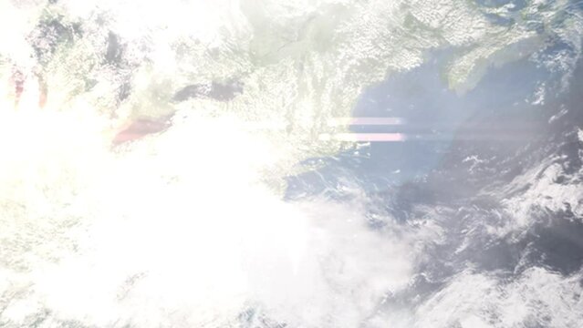 Earth zoom in from outer space to city. Zooming on White Plains, New York, USA. The animation continues by zoom out through clouds and atmosphere into space. Images from NASA