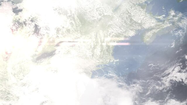 Earth zoom in from outer space to city. Zooming on Albany, New York, USA. The animation continues by zoom out through clouds and atmosphere into space. Images from NASA