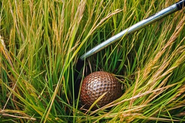 Golf club and ball in grass