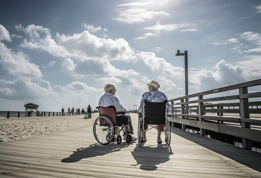 Photograph of an elderly couple walking along the beach in a wheelchair. Concept of old people, health in old age.