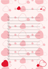 Vector sheet for notes with linear red hearts