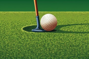Golf club and ball tee on grass field, vector sport tournament poster background. Golf championship or team competition event banner with golf ball and stick on green putter field background - obrazy, fototapety, plakaty