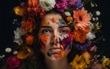 Portrait of a woman with colorful flowers. Generative AI technology.