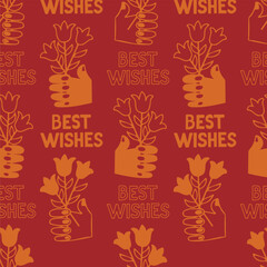 Hand drawn vector seamless pattern with greetings and hand with flowers on red background. Vector illustration in kids style. Perfect for background, print, wallpaper, wrapping, textile, scrapbooking