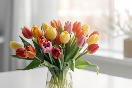 Beautiful Colorful Tulip Flower Nature Florist Bouquet Spring Blossom on White Table with Morning Sunlight