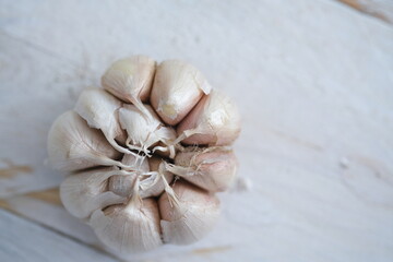 Allium sativum. whole piece of garlic on a white wooden table. Garlic is a cooking spice
