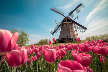 Netherlands Windmill Pink Tulip Flower Fields Spring Blossom with Beautiful View in the Morning