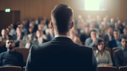 Young speaker speaks at a business conference or event, meeting room, meeting room. Generative AI