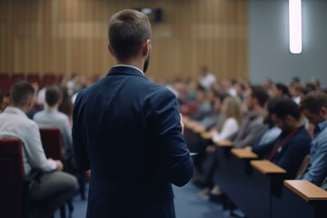 Young speaker speaks at a business conference or event, meeting room, meeting room. Generative AI
