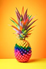 Tropical summer exotic background, bright summer colors, vivid pink and yellow background. Delicious pineapple, fruit as a real healthy refreshment. Illustration, Generative AI.