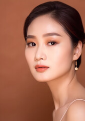 Fototapeta premium Asian Beauty: Luxury Makeup on Beige Background Created with Generative AI and Other Techniques