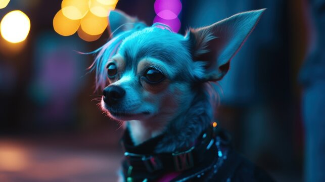 Adorably cute oddball Chihuahua dog outdoors in urban street at night, pink and blue cyber neon shop lights, wild frizzy hair, closeup portrait - generative ai