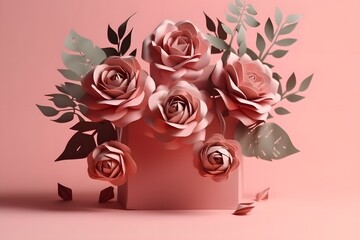 blooming roses in pink paper card, pink roses on background copy space, wallpaper banner template, generative ai