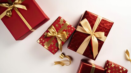 Christmas composition. Gifts, red decorations on white background. Christmas, winter, new year concept. Flat lay, top view, copy space. Generative Ai.
