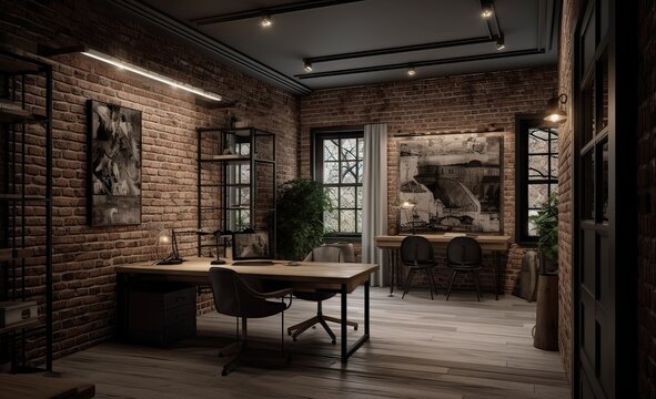Modern office Interior with old vintage brick Wall. Art work business space. Generative Ai.