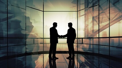 Fototapeta premium silhouettes two businessmen handshake in cooperation agreement concept at the office and successful business partner. businessman shaking hands to seal a deal with his partner. Generative Ai.