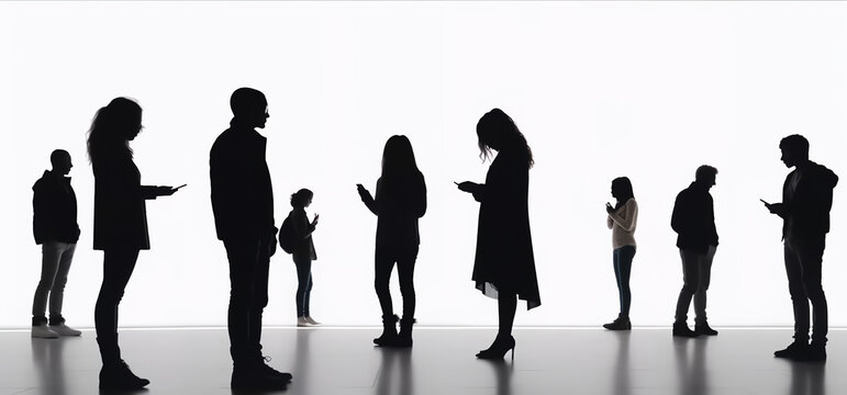 Silhouettes of various people looking at smartphones. Black and white image of people talking on phone. People communicate via SMS. Generative AI. High quality illustration