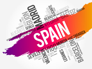 List of cities in Spain word cloud, Spanish municipalities, business and travel concept background