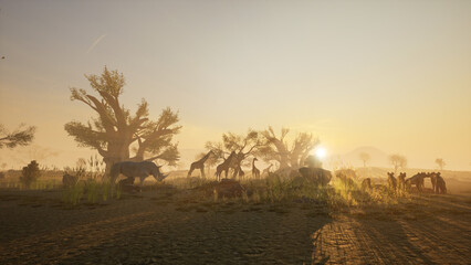 Obraz premium savannah, sunset on the savannah, sunset in africa, animals, wildlife, safari, safari sunset, giraffe And trees, sunset in the field, sunset over the field, sunrise over the field