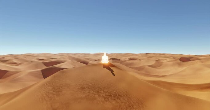 3D rendering of a glowing person meditating in the desert dunes showing the essence of tranquility and mindfulness. Concept of self-discovery, relaxation, and rejuvenation