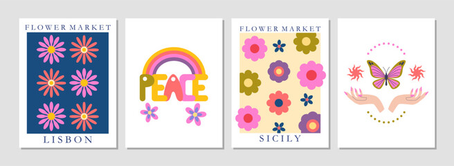 Set of 70s retro posters. Groovy flowers, flower market, retro vintage lettering. Mystic hands, butterfly, rainbow. Poster, flyer, card, banner design. Background. Nostalgia