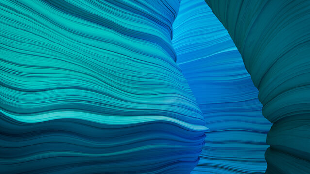 3D Rendered Cave with Blue and Turquoise Wavy Surfaces.
