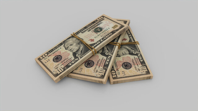 Finance concept with Three bundles of Ten Dollar Bills. US Dollar Money Wallpaper.