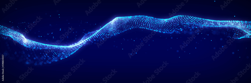 Poster Dynamic sound wave of particles. Music futuristic flow. Abstract technology background. 3D rendering.