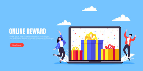 Get online reward and gifts, earn loyalty program points. Get loyalty card and customer service business concept flat design vector illustration. Tiny people with big gift boxes.