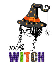 100 percent witch. Hand drawn woman face in witch hat  and doodle text. Happy halloween concept. Holiday design for poster, banner, t shirt, card, flyer, invitation. Vector illustration