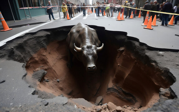 Debt Ceiling Crisis, Wall Street Collapse, Charging Bull in Sinkhole, Collapse of Wall Street (generative AI)