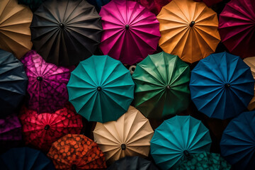 Top down view of colorful umbrellas.  artistic background, shallow depth of field, Illustrative Generative AI