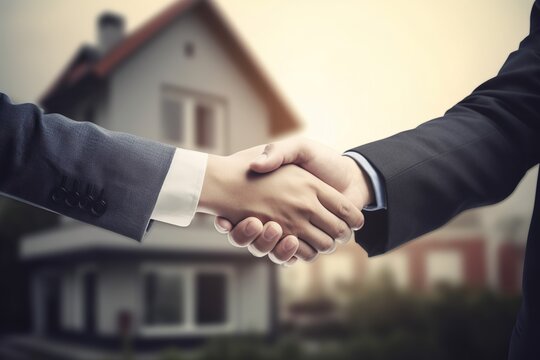 Shaking hands after buying a new house. Generative AI.