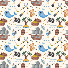 Pirates. Children's print. Seamless pattern. watercolor illustration