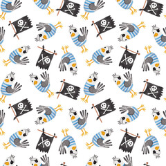 Seagull Pirate. Children's print. Seamless pattern, watercolor illustration