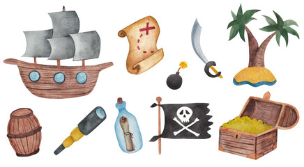Fototapeta premium Set of pirate spyglass, flag, boat, bomb, map, treasure, etc., watercolor illustration