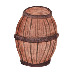 Wooden barrel isolated on white background, watercolor illustration