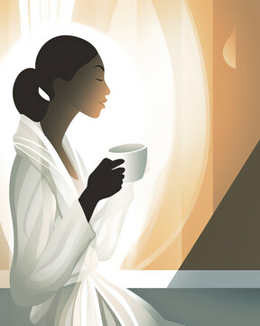 woman drinking coffee in white robe, calm, blissful morning
