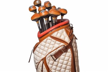 Golf equipment golf ball and golf bag isolated on white background.