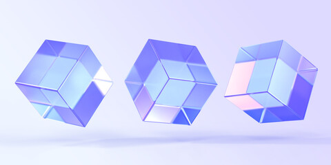 Glass or crystal cube in different angle view, 3d render. Rainbow square box, block with holographic gradient texture, glossy geometric object isolated on purple background, icons set. 3D illustration