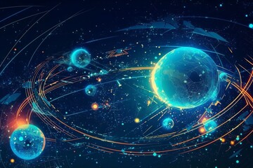 Blue abstract futuristic background. Vector. Satellites and rockets in orbit of planet Earth. Plasma clot of energy. Glowing rays with flickering particles. Wave effect. Science and technology. - obrazy, fototapety, plakaty