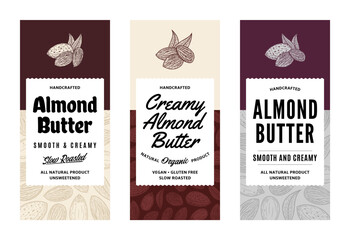 Almond butter labels in modern style. Vector almond illustrations and patterns
